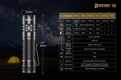Speras E3 Rechargeable Flashlight IP68 1300LM